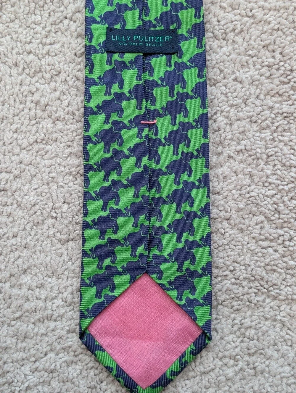 Lilly Pulitzer USA Via Palm Beach Silk Neck Tie Green And Navy Elephant Print